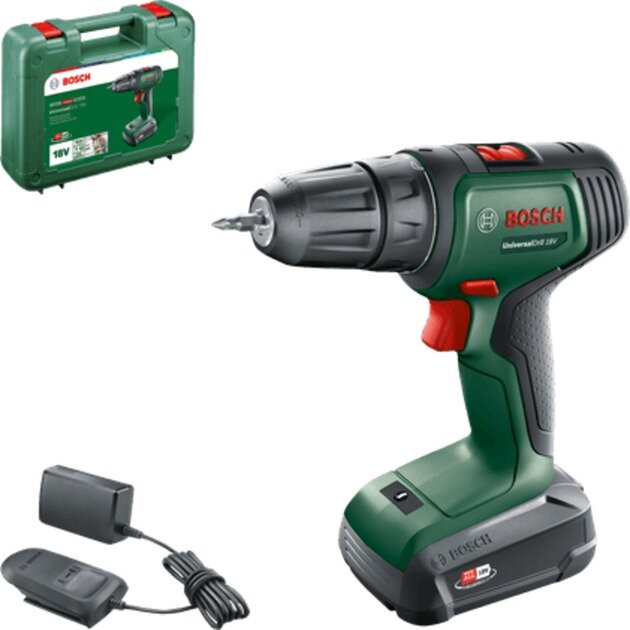Oferte la Bosch Powertools Cordless Drill/Driver UniversalDrill 18V (green/black, Li-ion battery 2.5Ah, case, POWER FOR ALL ALLIANCE)