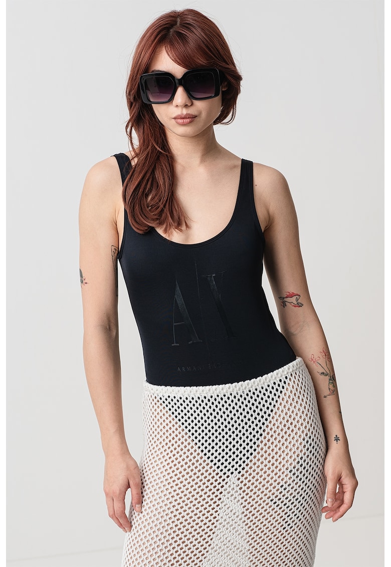 Costum de baie intreg cu imprimeu logo - Negru