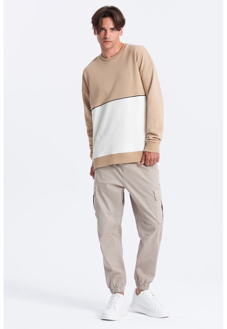 Oferte la Bluza de trening cu decolteu la baza gatului si model colorblock - Alb/Bej