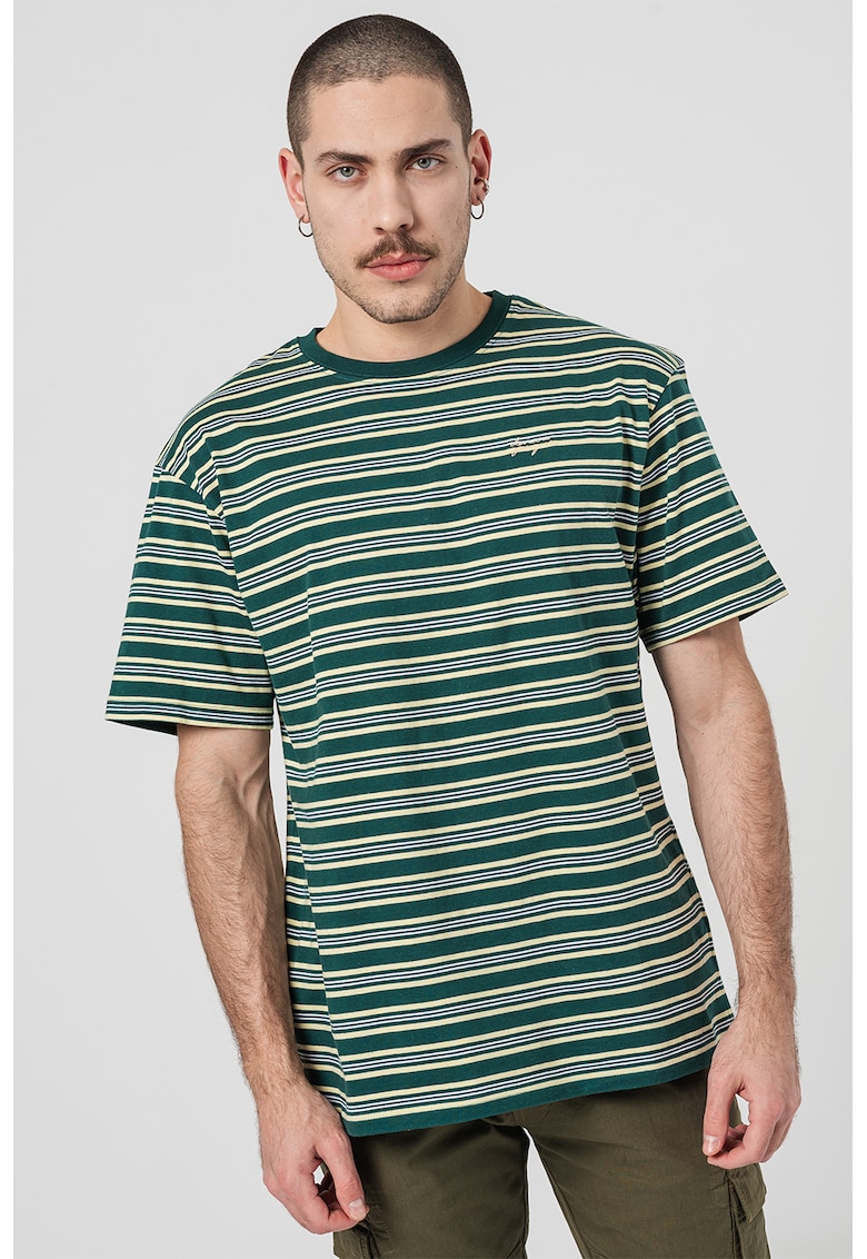 Oferte la Tricou cu dungi si decolteu la baza gatului - Alb/Galben pal/Verde englez