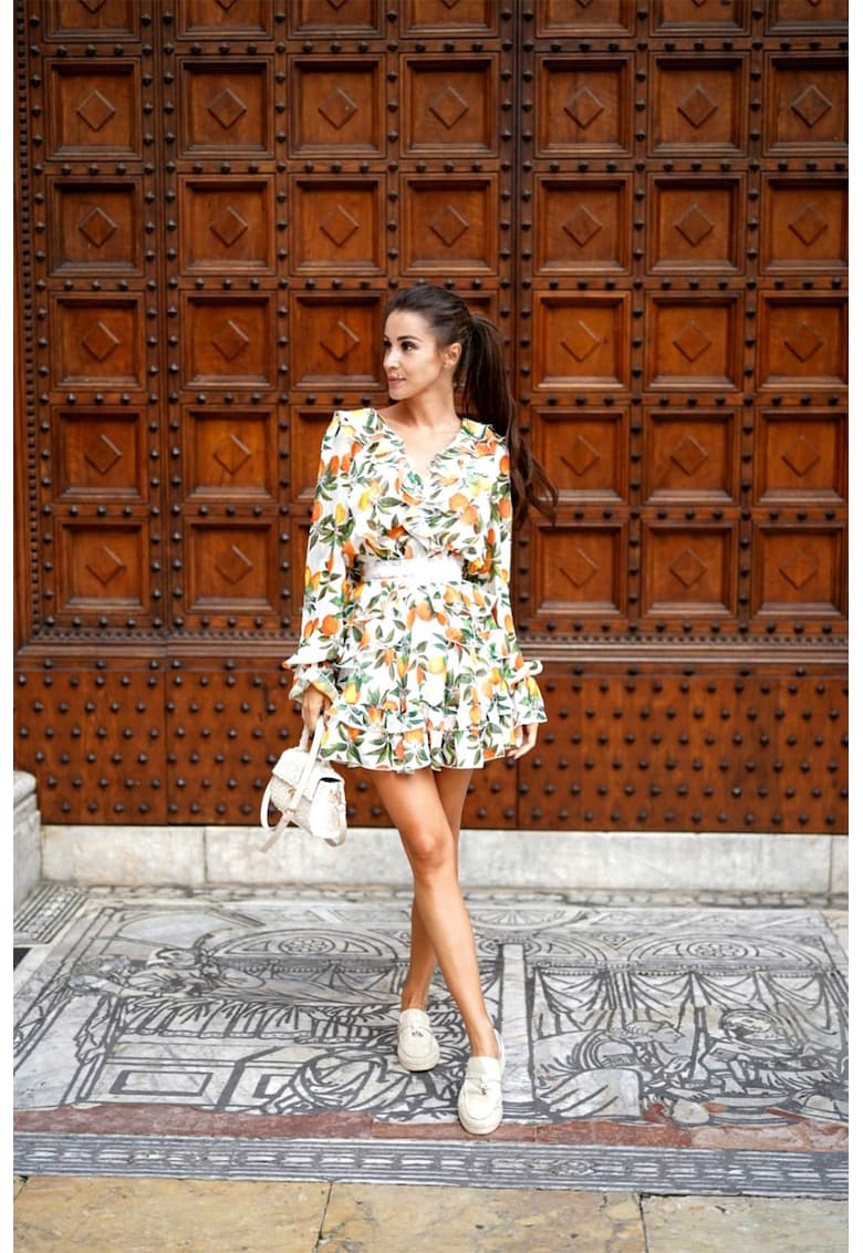 Oferte la Rochie scurte din amestec de matase cu imprimeu - Alb/Verde/Galben