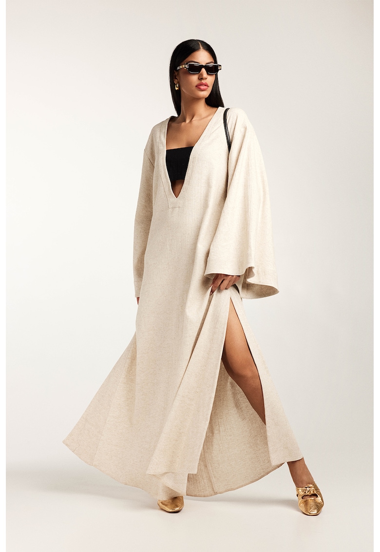 Oferte la Rochie maxi din amestec de in cu maneci clopot si decolteu adanc in V - Bej deschis