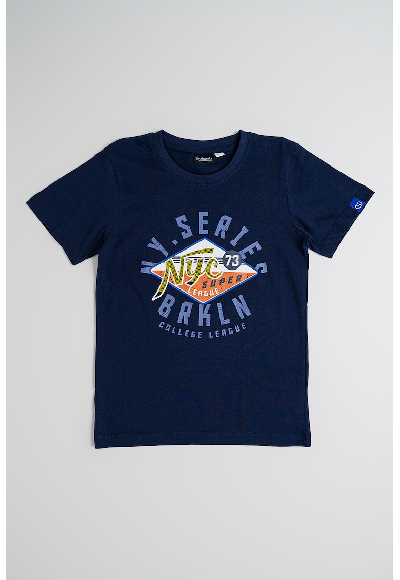 Oferte la Tricou cu decolteu la baza gatului si imprimeu - Galben/Bleumarin