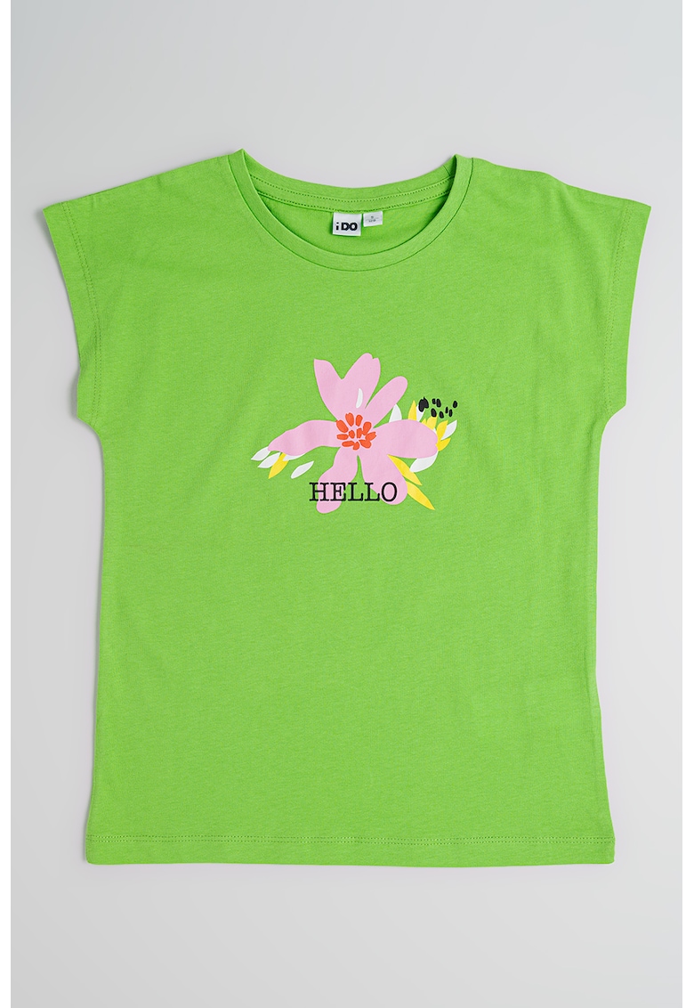 Oferte la Tricou cu decolteu la baza gatului si model floral - Roz/Verde lime