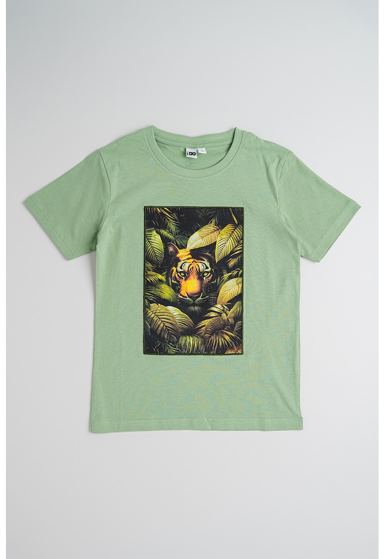 Oferte la Tricou din bumbac cu decolteu la baza gatului si imprimeu grafic - Portocaliu/Verde deschis