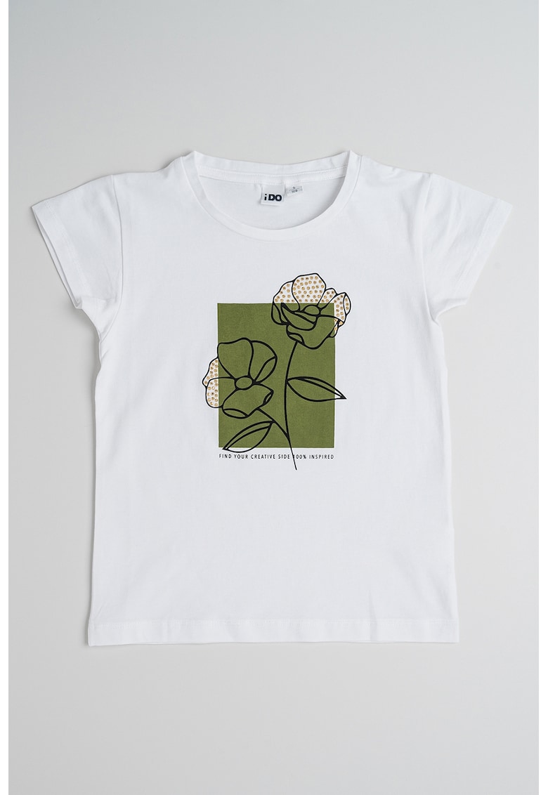 Oferte la Tricou cu decolteu la baza gatului si imprimeu - Alb/Kaki