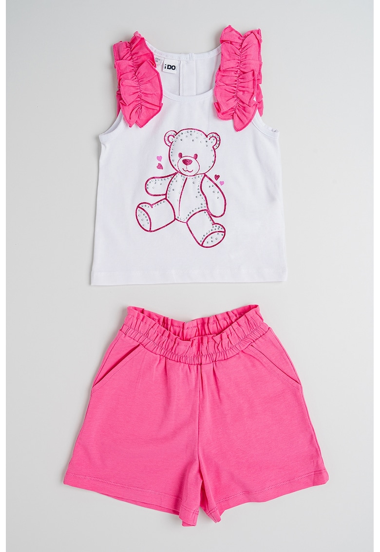 Oferte la Set de top cu model - aplicatii cu volane si pantaloni scurti cu model uni - 2 piese - Alb/Roz