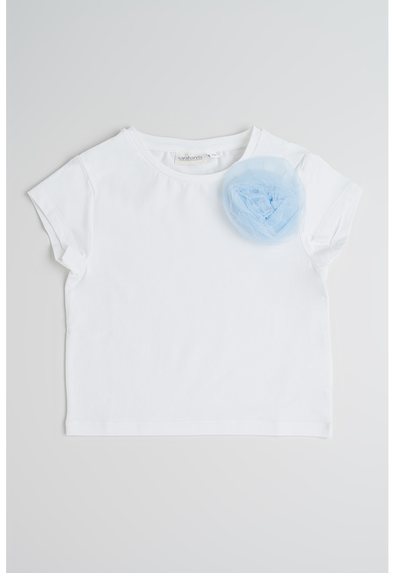 Oferte la Tricou cu decolteu la baza gatului si detaliu din tul pe piept - Alb/Albastru deschis