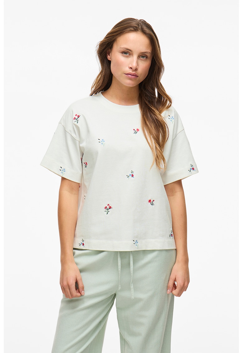 Oferte la Tricou cu decolteu rotund si flori brodate - Alb
