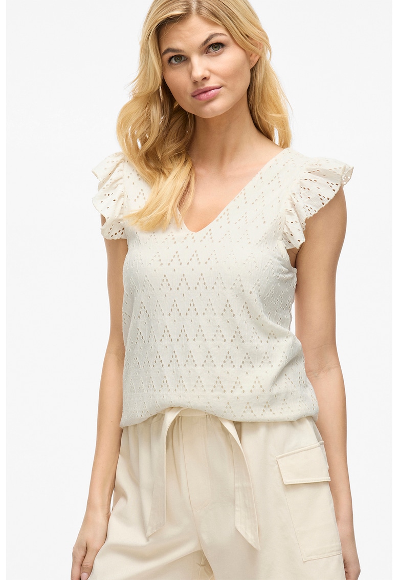 Oferte la Bluza cu decolteu in V si maneci cu volane - Alb murdar
