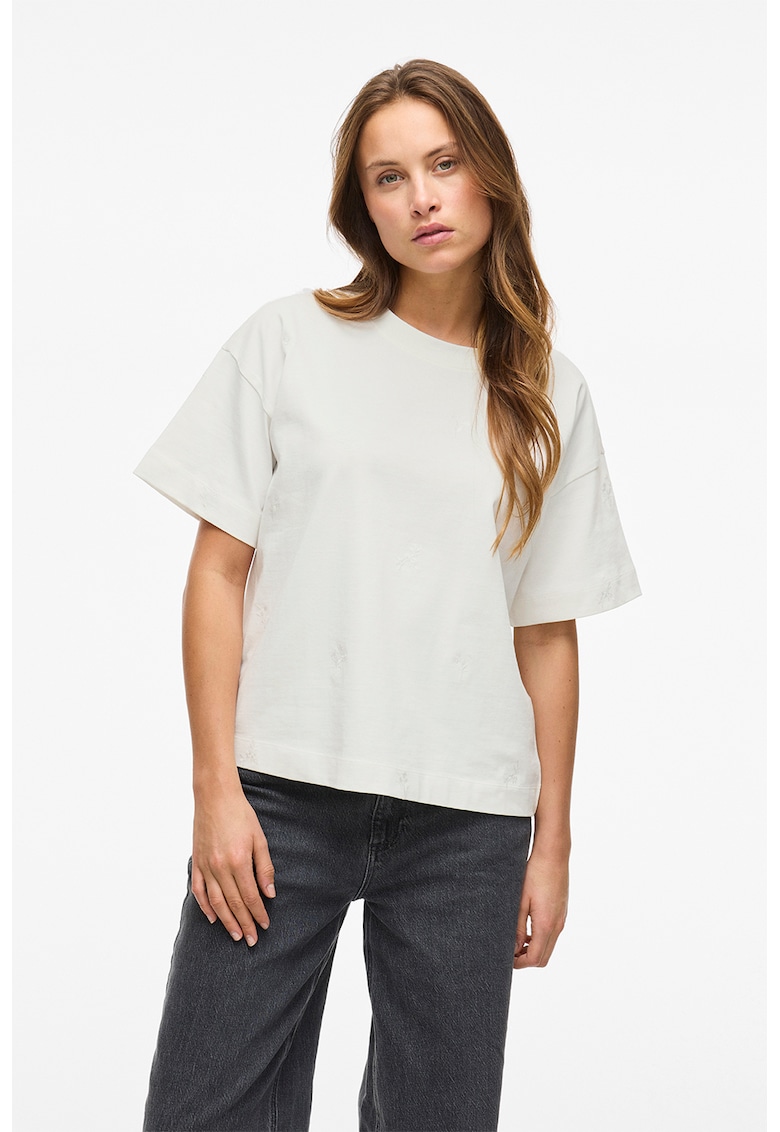 Oferte la Tricou cu decolteu rotund si flori brodate - Alb optic