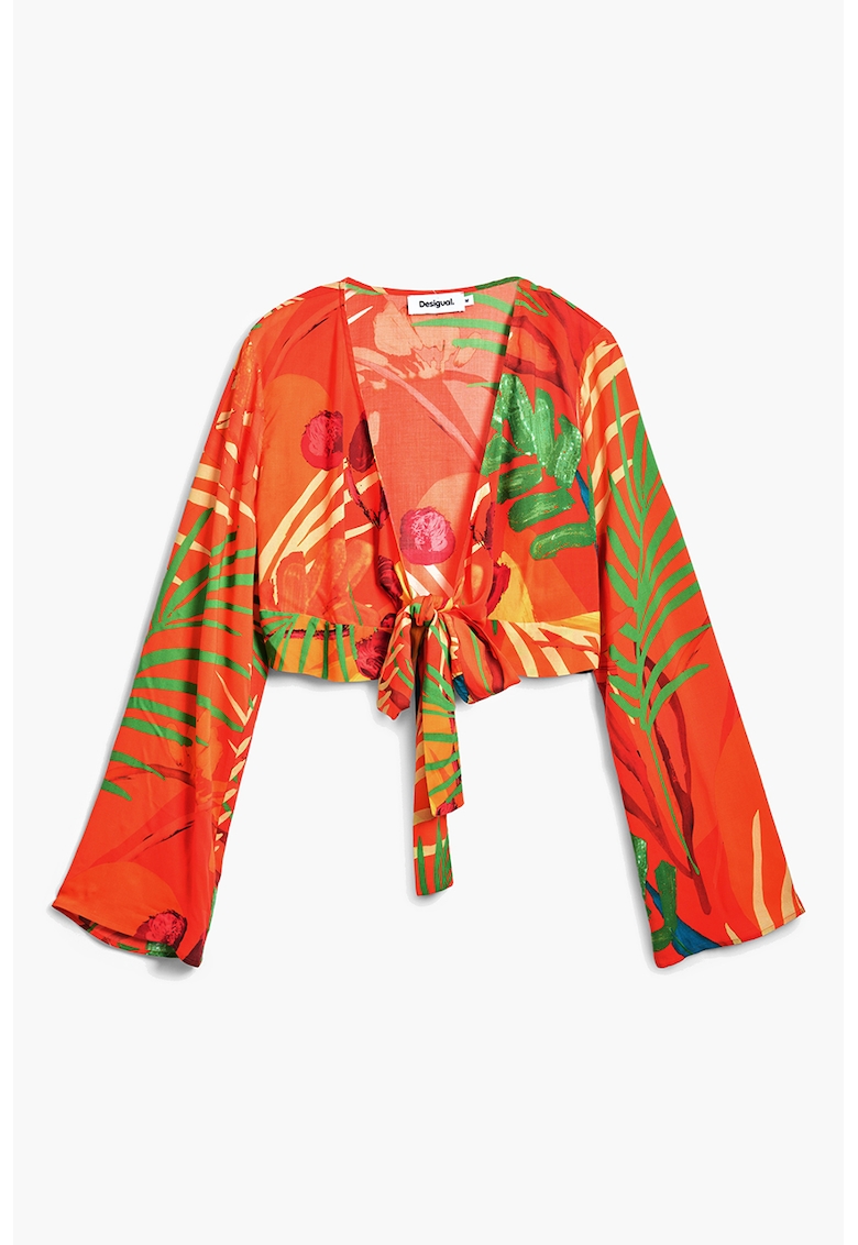 Oferte la Bluza crop de plaja cu imprimeu tropical si design innodat - Rosu/Verde/Portocaliu mandarina