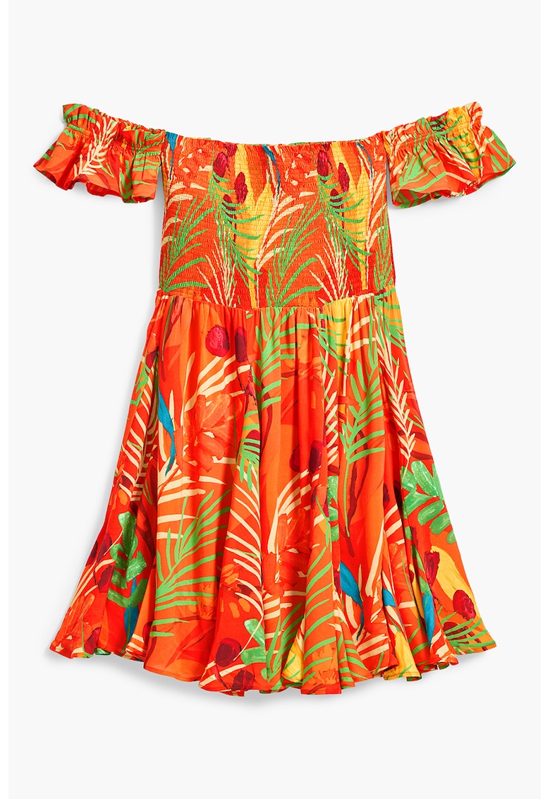 Oferte la Rochie cu decolteu pe umeri si imprimeu - Verde/Portocaliu mandarina/Albastru