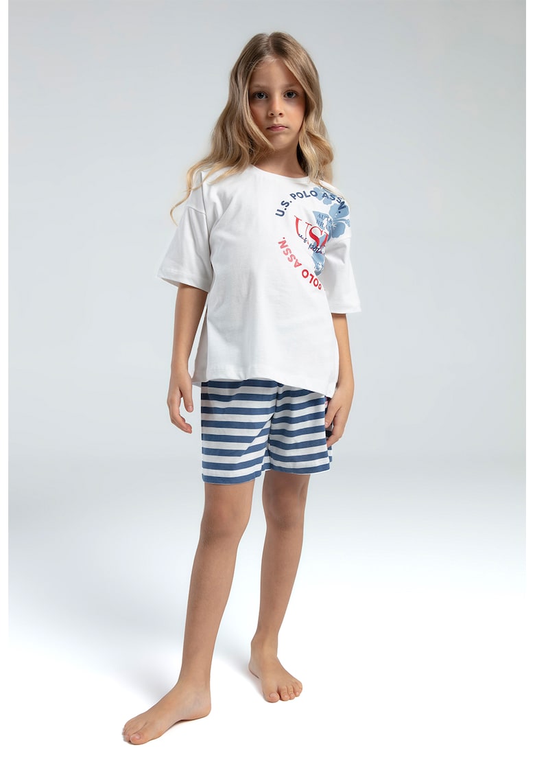Oferte la Trening lejer de bumbac cu pantaloni scurti si imprimeu - Alb/Albastru pastel/Portocaliu persan