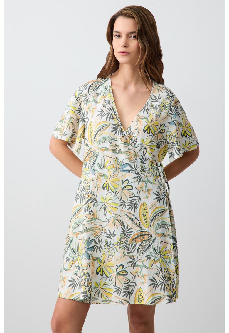 Oferte la Rochie din amestec de in cu decolteu in V - model drapat si floral - Alb/Verde deschis
