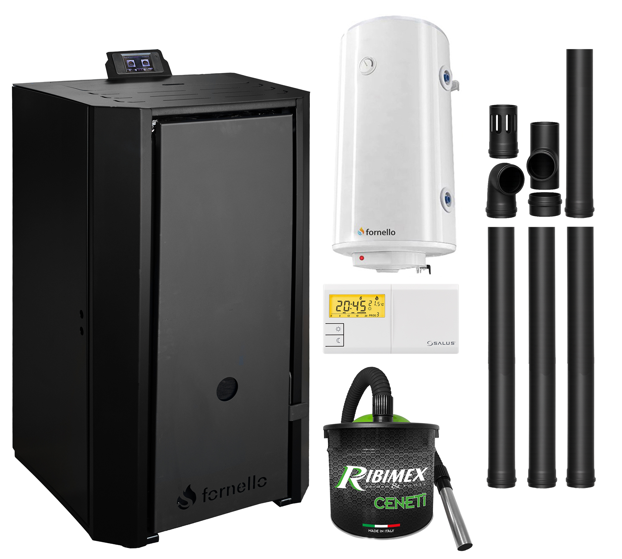 Pachet Centrala pe peleti Fornello EVA B Black 25 KW pompa circulatie vas expansiune Grup siguranta WI-FI buncar tiraj fortat kit evacuare termostat Salus 091FLRFV2 aspiratior boiler 100L Clasa A++ recomandat pentru 160 mp Negru