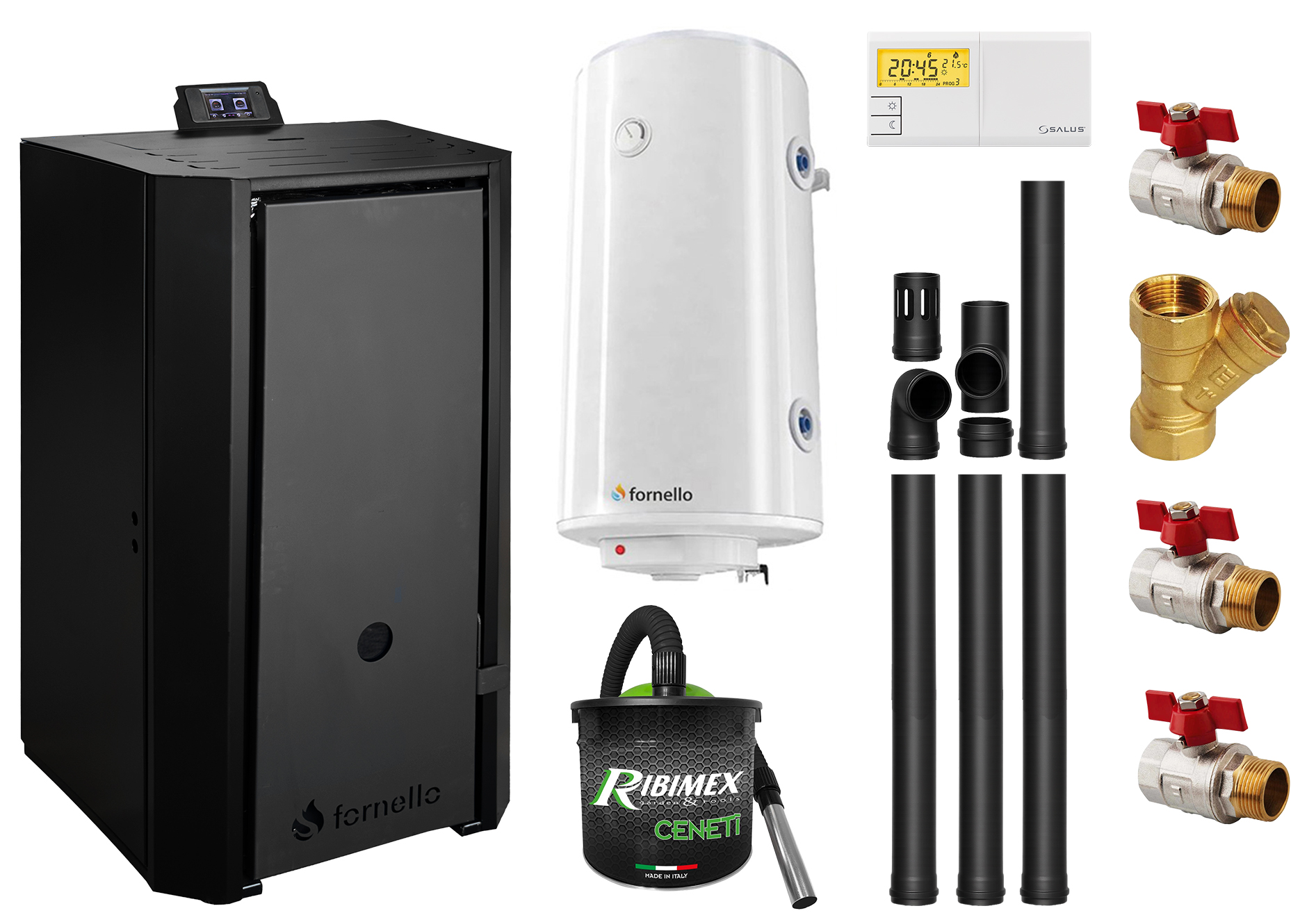 Pachet Centrala pe peleti Fornello EVA B Black 25 KW pompa circulatie vas expansiune WI-FI buncar tiraj fortat kit evacuare 3.5 ml termostat aspiratior boiler 100L si Fitinguri montaj