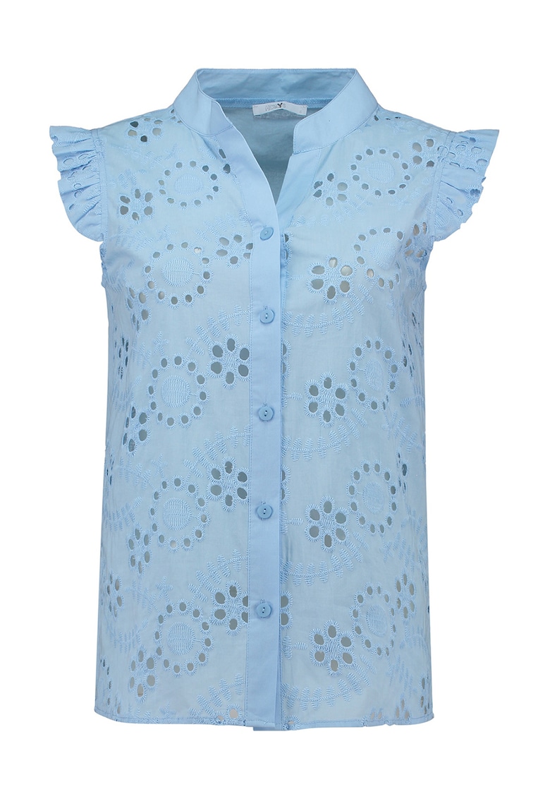 Camasa din bumbac cu model cu perforatii si maneci scurte - Albastru pastel