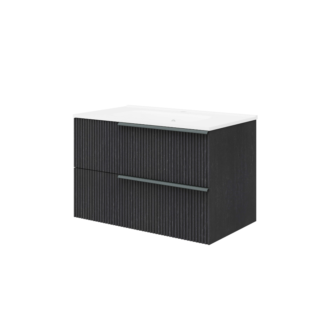 Oferte la Set mobilier baie Savini Due Sidney, masca + lavoar, MDF, negru, 81.5 x 46.5 x 53 cm