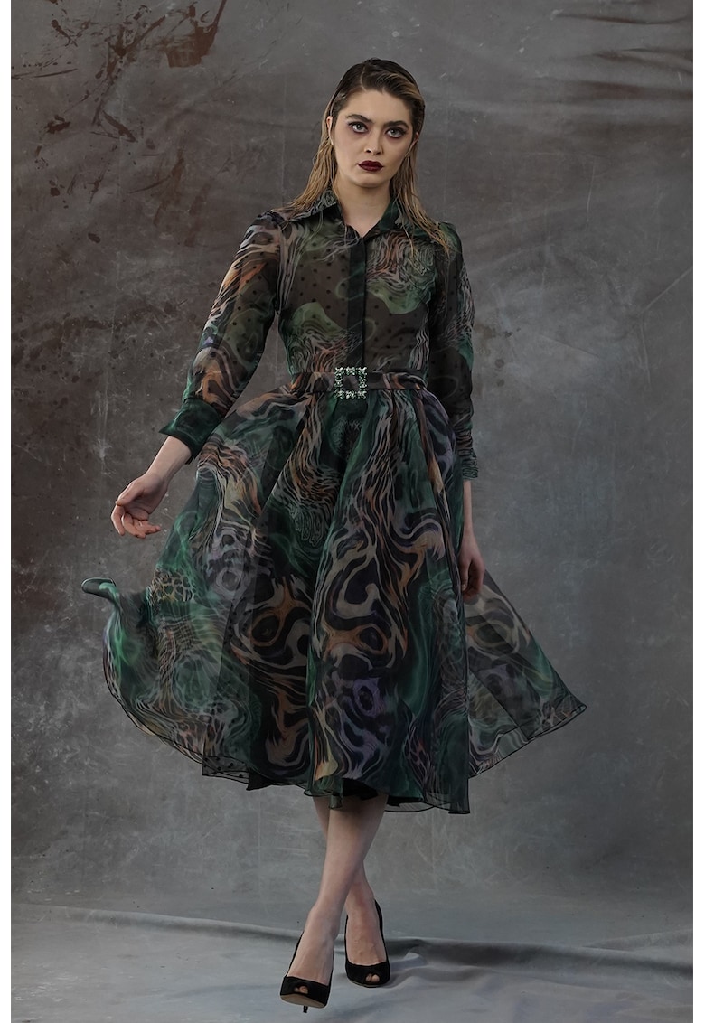 Oferte la Rochie evazata cu imprimeu abstract Xela - Verde/Maro