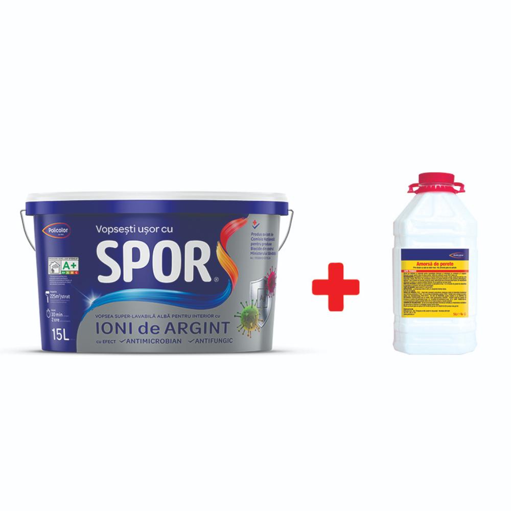 Oferte la Vopsea superlavabila interior Spor, cu ioni de argint, alb, 15 l + amorsa 4 l