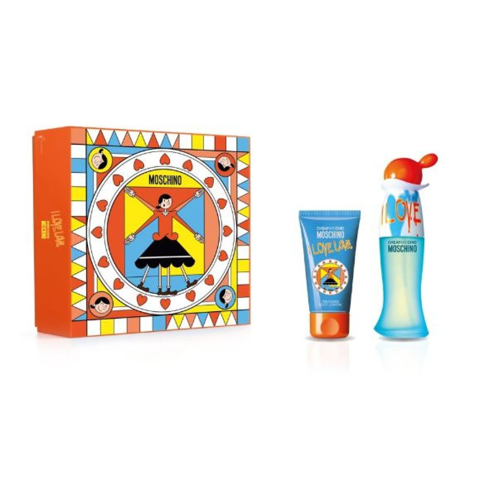 Oferte la Set cadou Moschino I Love Love, Apa de Toaleta, Femei, 30 ml + Lotiune de corp, 50 ml