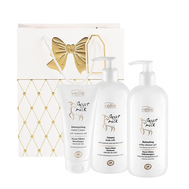Oferte la Set Vellie Cosmetics Goat Milk – Crema hidratanta de maini, 100 ml, Lapte de corp cremos, 500 ml si Gel de dus, 500 ml