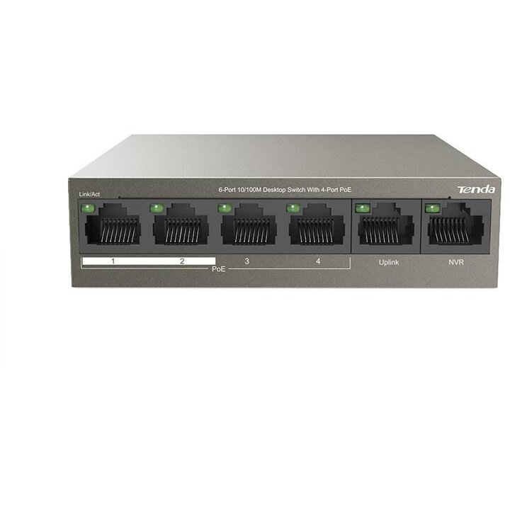 Oferte la Switch desktop Tenda TEF1106P-4-63W cu 6 porturi 10/100Mbps, cu 4 porturi PoE, protectie fulger 6kV