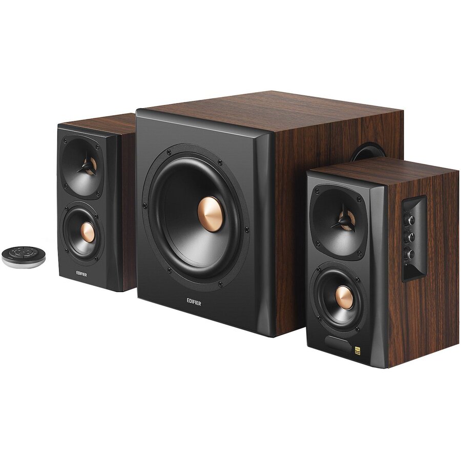 Oferte la BOXE EDIFIER 2.1, RMS: 155W (2 x 10W, 2 x 30W, 1 x 75W), Bluetooth, Telecomanda , Wireless, Volum, Bass, Treble, Optical, Coaxial, Brown, S360DB