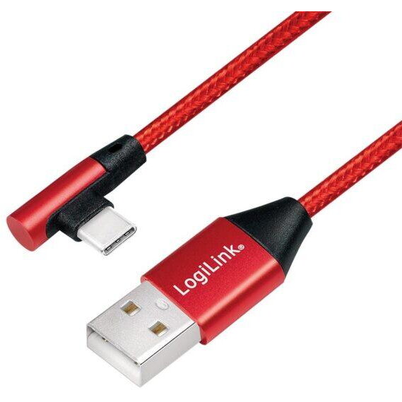 Oferte la Cablu de date Logilink, CU0146, USB 2.0 (T) la USB 2.0 Type-C (T) la 90 grade, 1m, Premium, Rosu