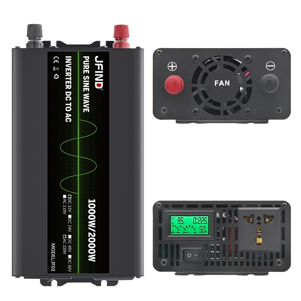 Oferte la Invertor auto JFIND JF02, unda sinusoidala pura, 12V la 220V, 1000W continuu, 2000W varf, afisaj LCD, protectii multiple, ideal pentru auto, rulote, unelte, aparate sensibile