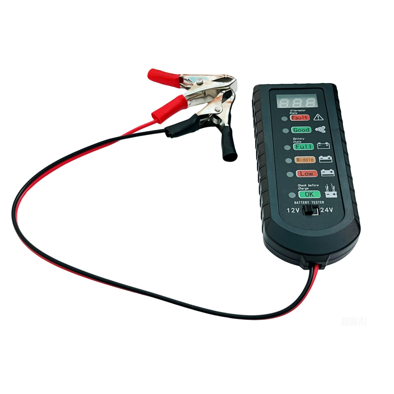 Oferte la Tester Digital de Baterie Auto Techstar 12V/24V cu Afisaj LED, Diagnostic Alternator si Indicator Stare Acumulator – Compatibil Autoturisme, Camioane, SUV