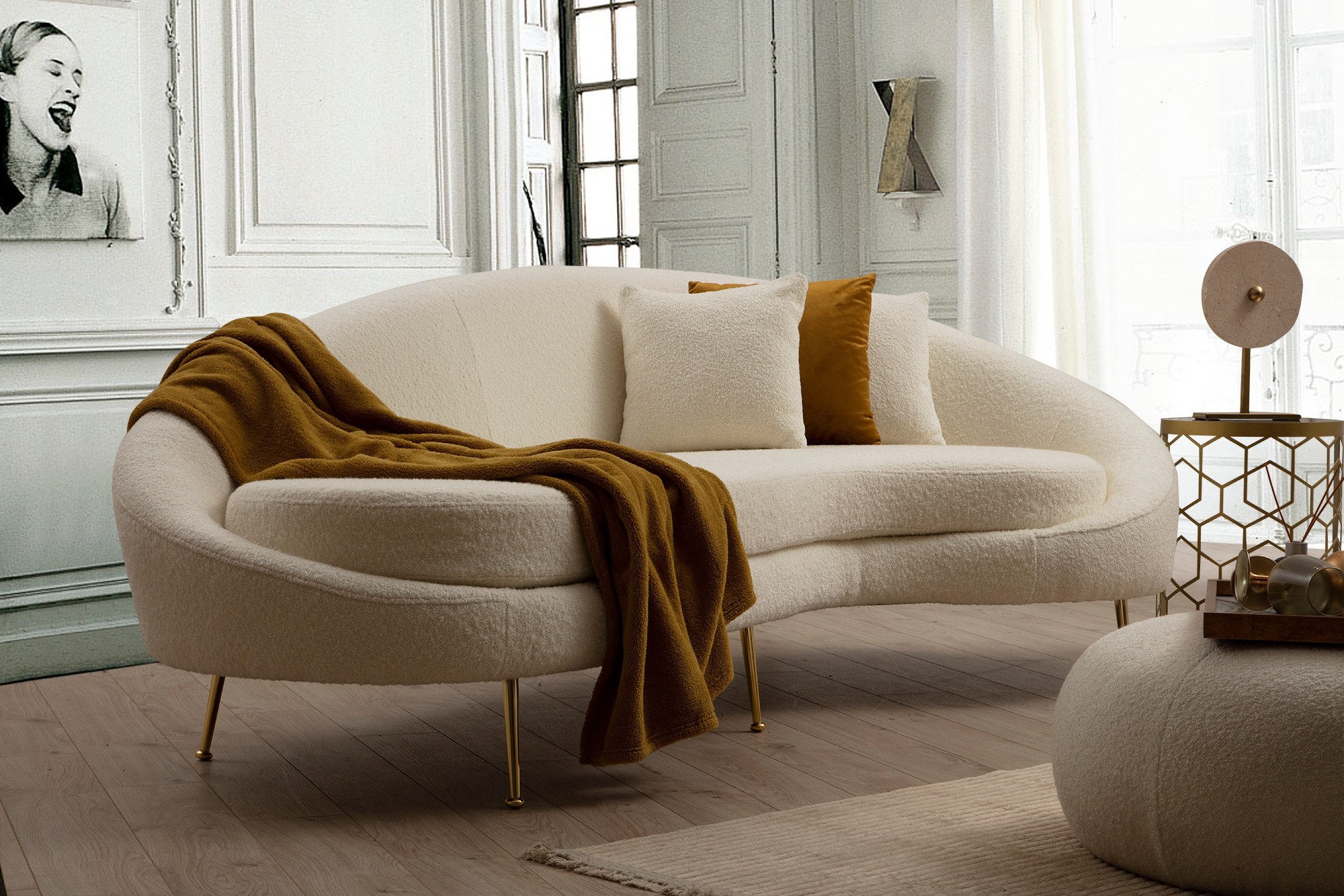 Oferte la Canapea Tapitata Moderna 3 Locuri Eses - Cream Bouclett 255 X 85 X 120