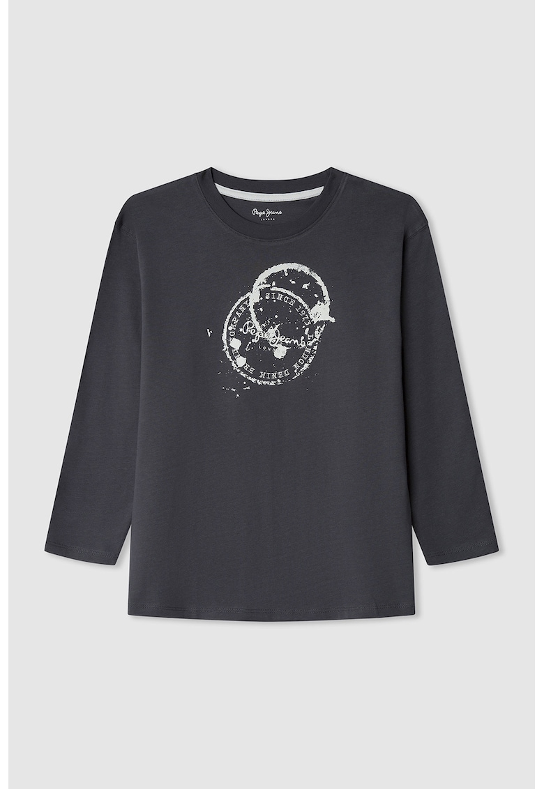 Bluza cu imprimeu si decolteu la baza gatului - Alb murdar/Gri inchis