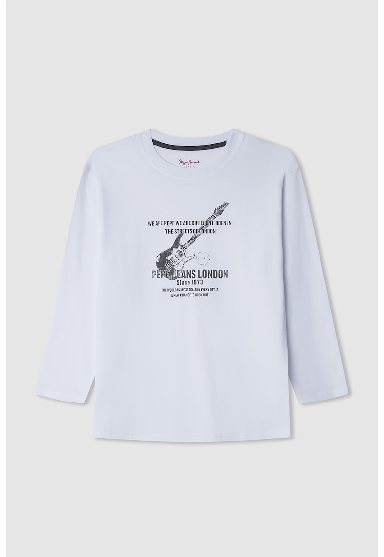 Tricou cu decolteu la baza gatului si imprimeu grafic - Alb optic/Gri inchis