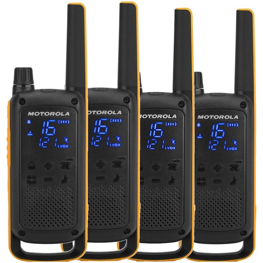 Oferte la Kit 4 Statii Radio Emisie/Receptie Talkabout T82 Extreme Quad Pack Lanterna LED 16 Canale IPX4 Raza de Functionare 10KM Negru/Portocaliu