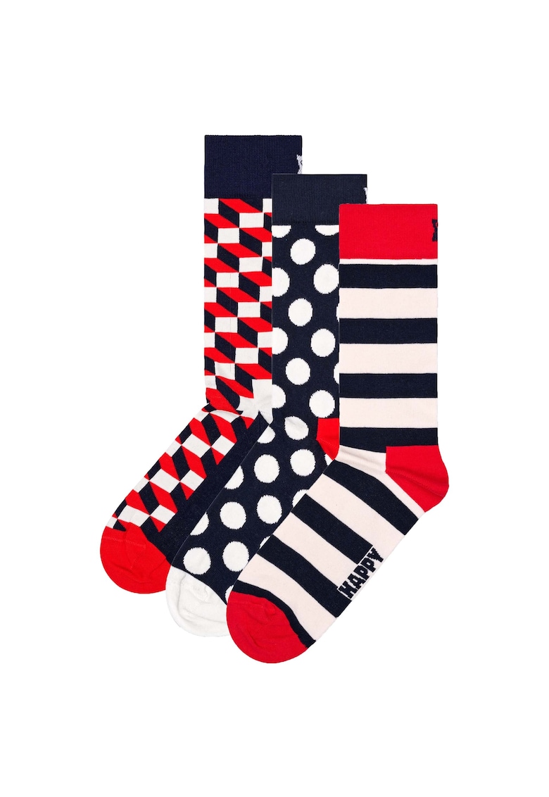 Oferte la Set de 3 perechi de sosete lungi unisex - Rosu/Alb/Bleumarin