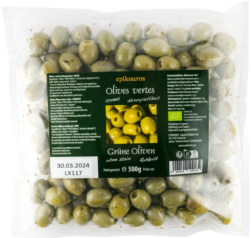 Oferte la Masline verzi bio, crude, fara samburi, 500g Epikouros