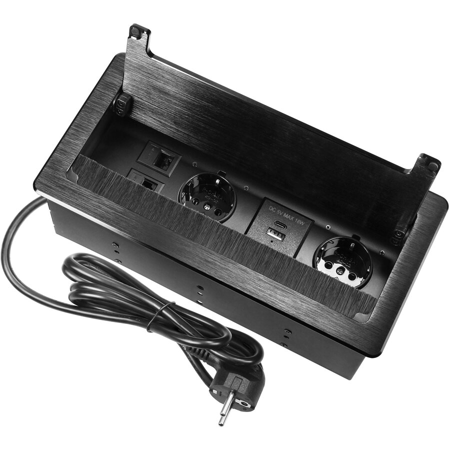 Oferte la Priza Incastrabila OR-GM-9041(GS)/B 2 Prize Schuko 230V 1xUSB-A 1x USB-C 2x RJ45 CAT 5E 3680W IP20 Cablu 1.5M Negru
