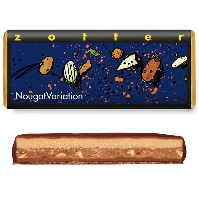 Oferte la Bio & Fair ciocolata neagra cu lapte 60% cacao umpluta cu nuga de migdale si alune de padure, 70g Zotter