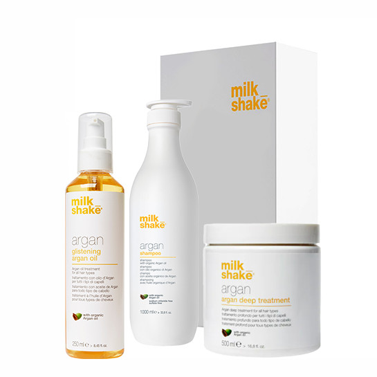 Oferte la Kit pentru hidratare si reparare Milk Shake Argan Oil Sampon 1000 ml + Masca 500 ml + Ulei 250 ml (Concentratie: Sampon, Gramaj: 1000 ml + 500 ml + 250 ml)