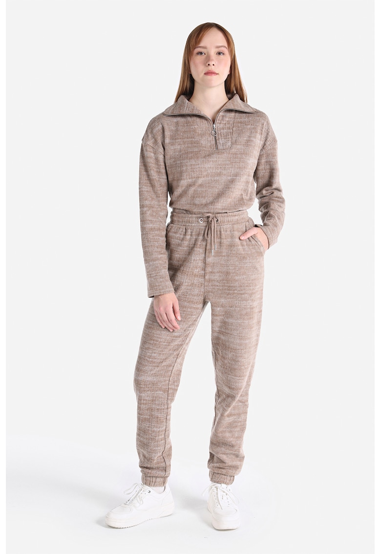 Oferte la Pantaloni cu talie inalta si snur de ajustare - Maro melange