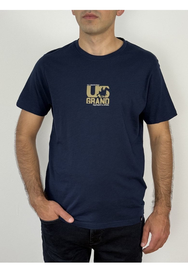 Oferte la U.S. Grand POLO Tricou barbati cu logo si imprimeu text pe spate - Regular fit - Bleumarin inchis