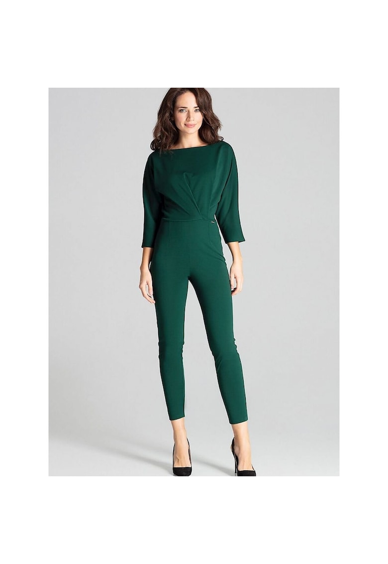 Oferte la Salopeta dama  verde - poliester - maneci 3/4 - decolteu semicircular - pliuri asimetrice -