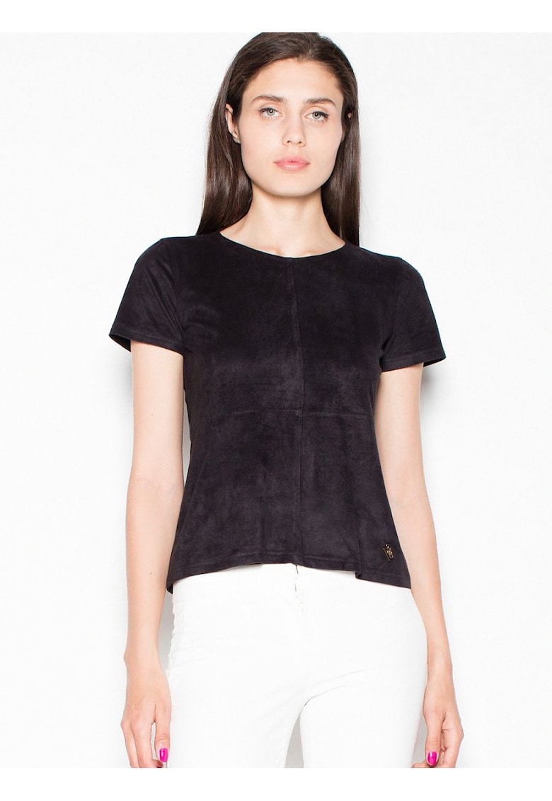 Oferte la Bluza dama -  neagra - cu maneci scurte din piele intoarsa - fermoar decorativ auriu