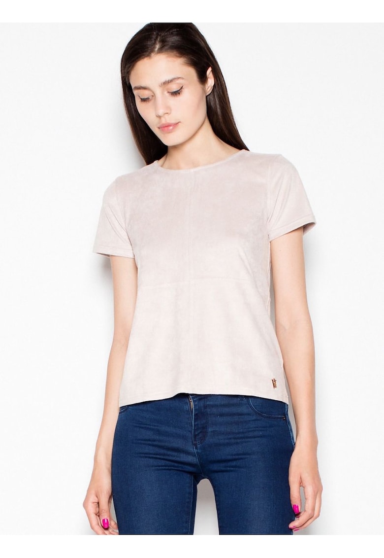 Oferte la Bluza dama  bej - maneci scurte din piele intoarsa - decolteu semicircular - fermoar decorativ auriu