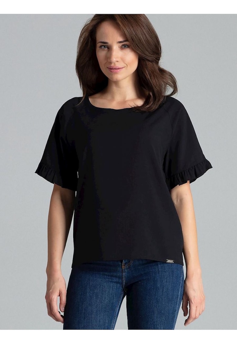 Oferte la Bluza dama  neagra - maneci scurte - decolteu semicircular - volan delicat - poliester.