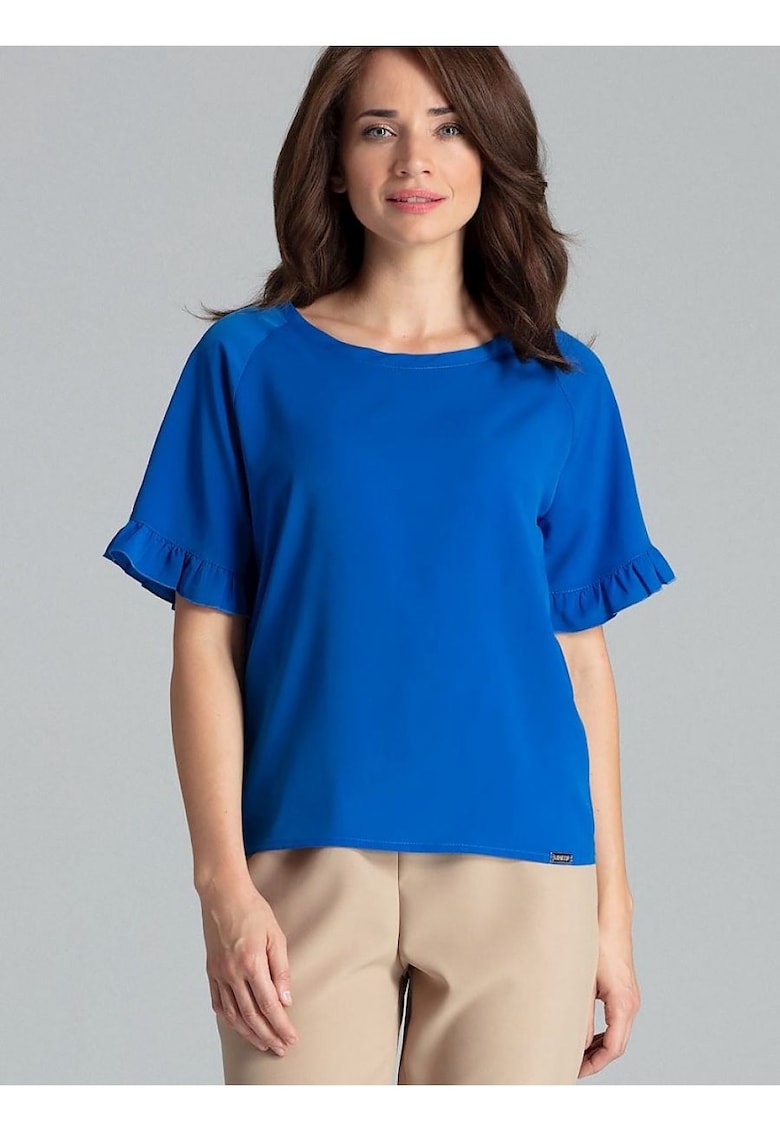 Oferte la Bluza dama -  cu maneci scurte - volan - albastru - poliester