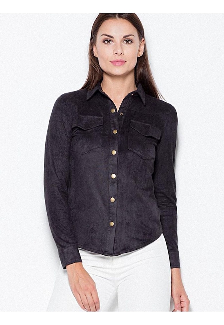 Oferte la Camasa dama  lunga - neagra - din piele intoarsa - cu nasturi metalici - 95% poliester - 5% elastan