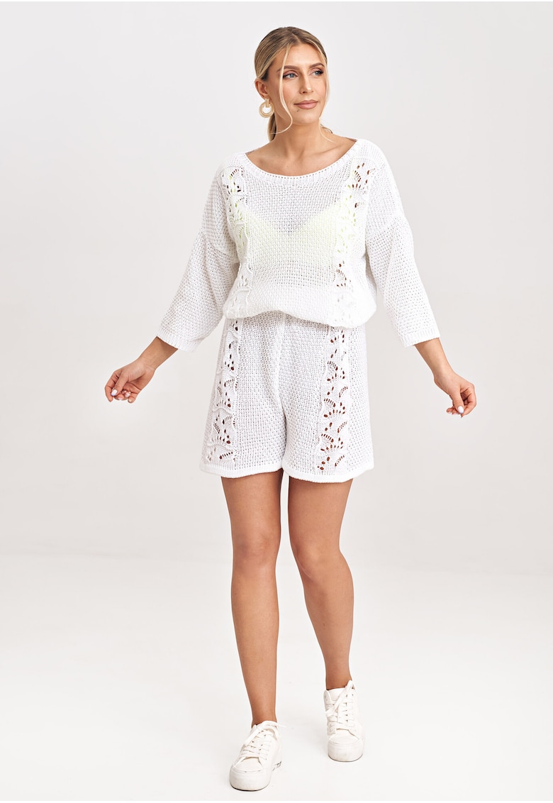 Set tricotat pentru femei -  bluza cu maneci 3/4 si pantaloni scurti - ecru - acrilic 50% - bumbac 50% -